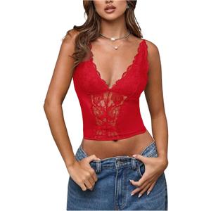 SHENHE Women's Mesh Lace Bustier Corset Top Deep V Neck Spaghetti Strap Fitted Crop Cami Tank (Red, M)