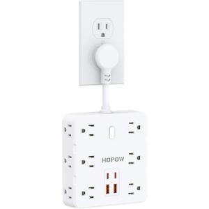 Short Extension Cord 4 Inch, Flat Plug Small Power Strip with 12 AC & 4 USB(2 USB-C), 1875W/15A, 1700J Multiple Compact Surge Protector, Wall Outlet Extender for Home Office Travel, White