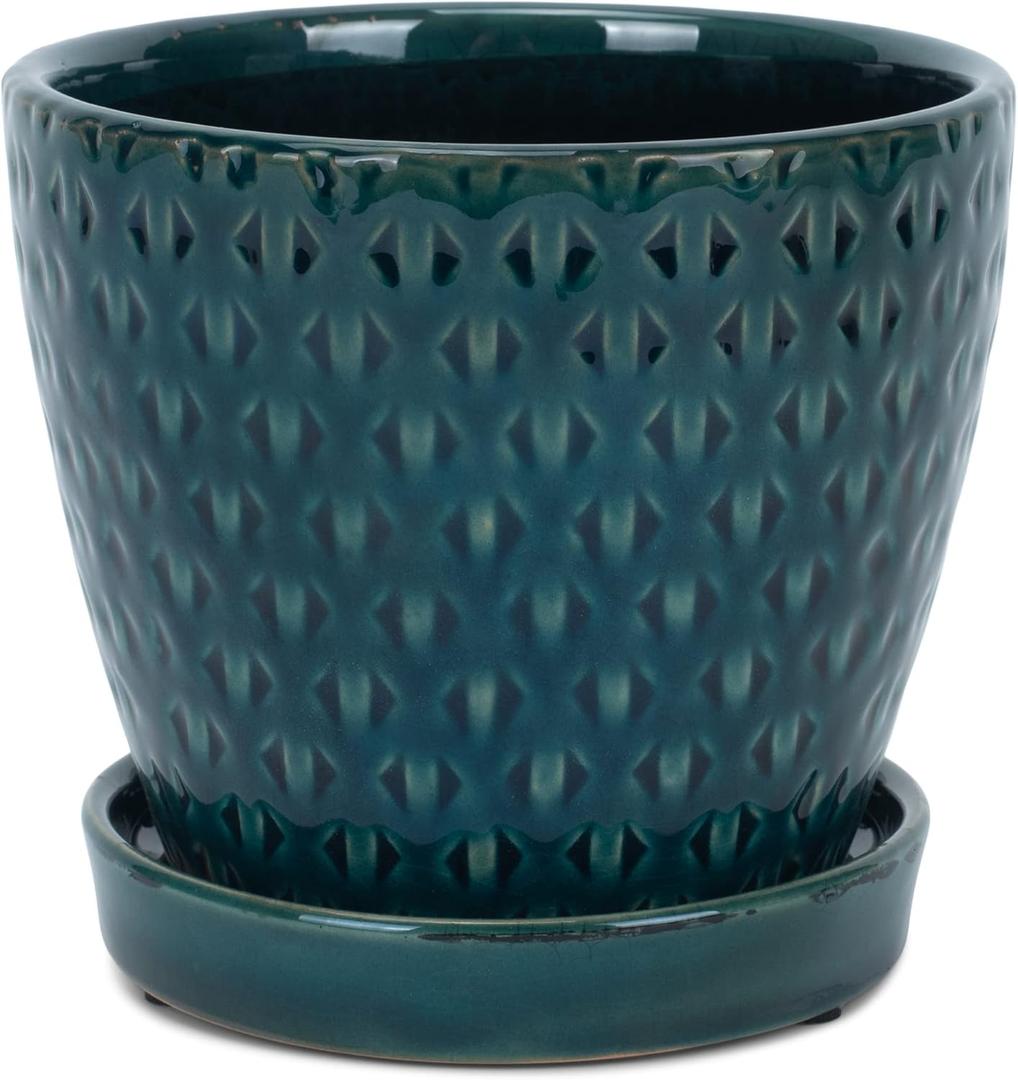 Geometric Triangle 4.75 x 5.5 Inch Teal Green Ceramic Flower Pot Planter with Saucer