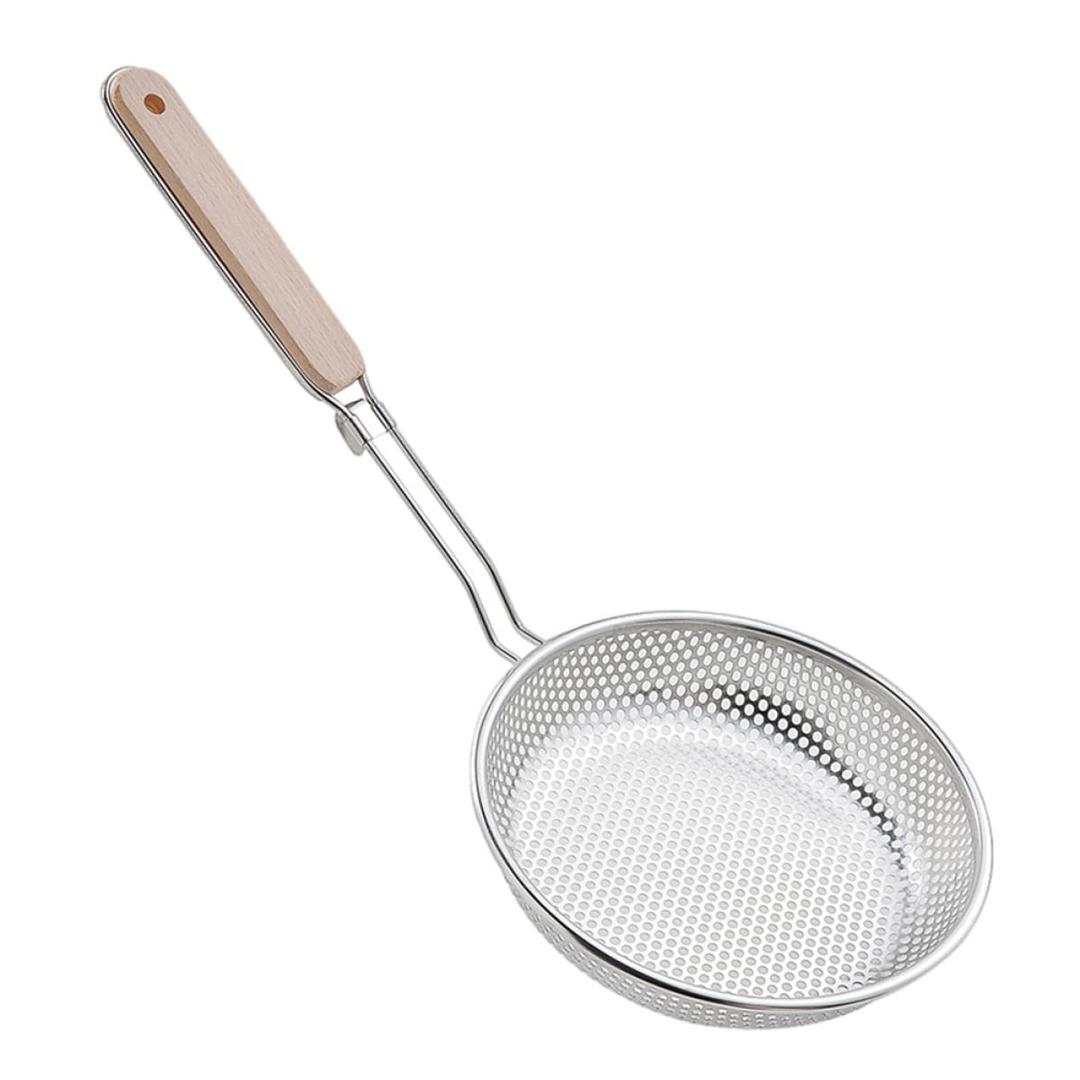 Culinary Elements  Stainless Steel Deep Frying Oil Strainer, Potato Chips Pasta Noodle oil Strainer Net Basket Tong with Wooden Handle