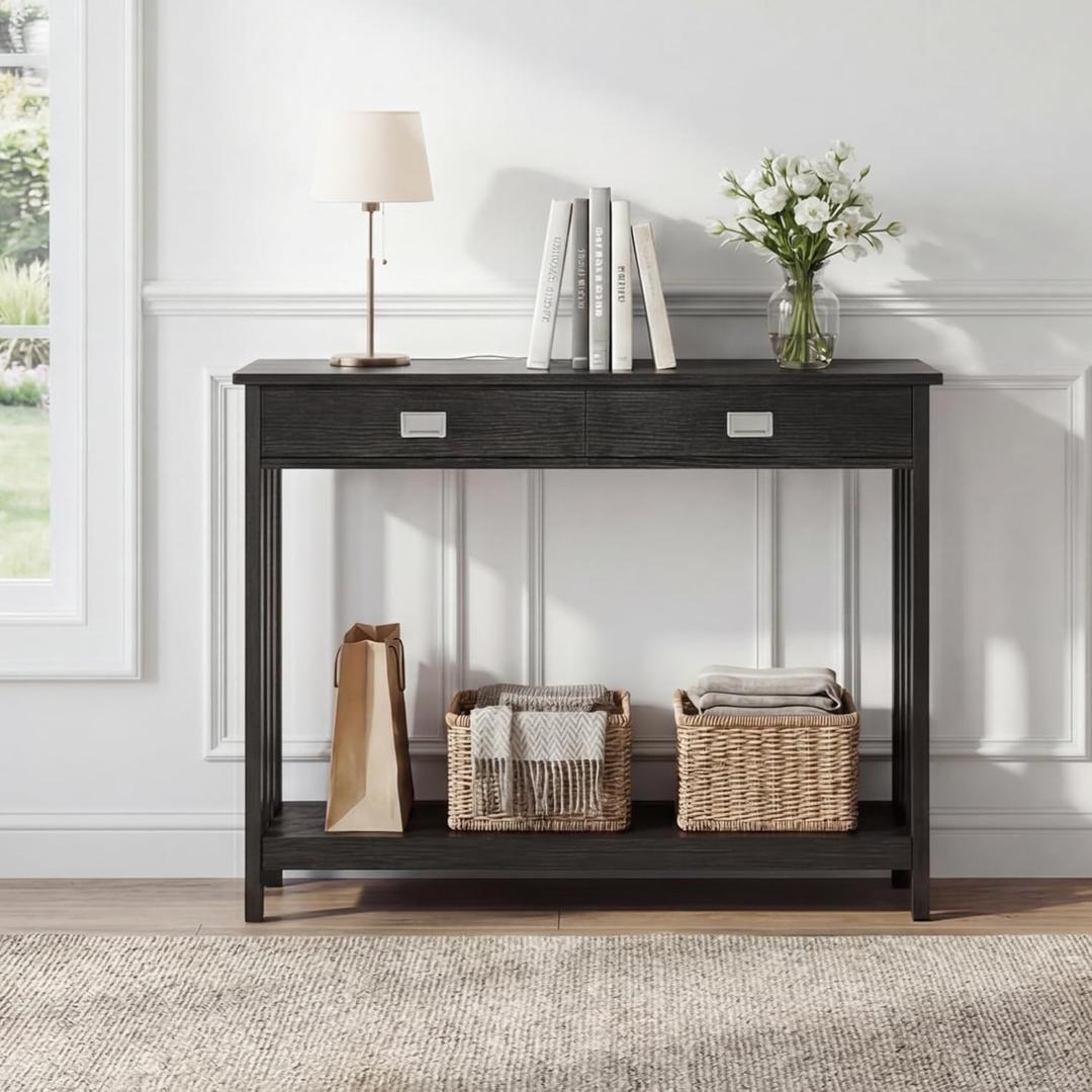 ChooChoo 47" Black Entryway Table with Drawer, Narrow Console Table with Storage Shelf, Sofa Table for Living Room, Entryway, and Hallway, 11.8"D x 47.2"W x 31.5"H
