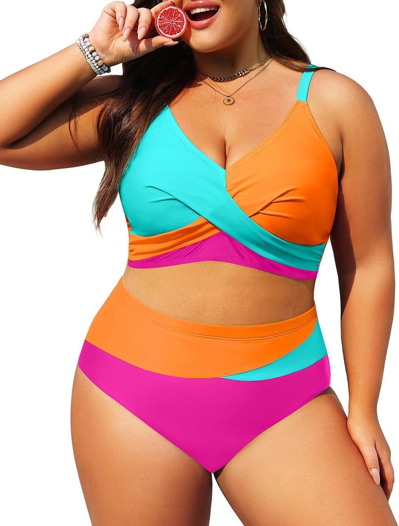 Tempt Me Plus Size Two Piece Swimsuit - Aqua Orange Pink Women High Waisted Bikini Set Tummy Control Bathing Suits 16 Plus