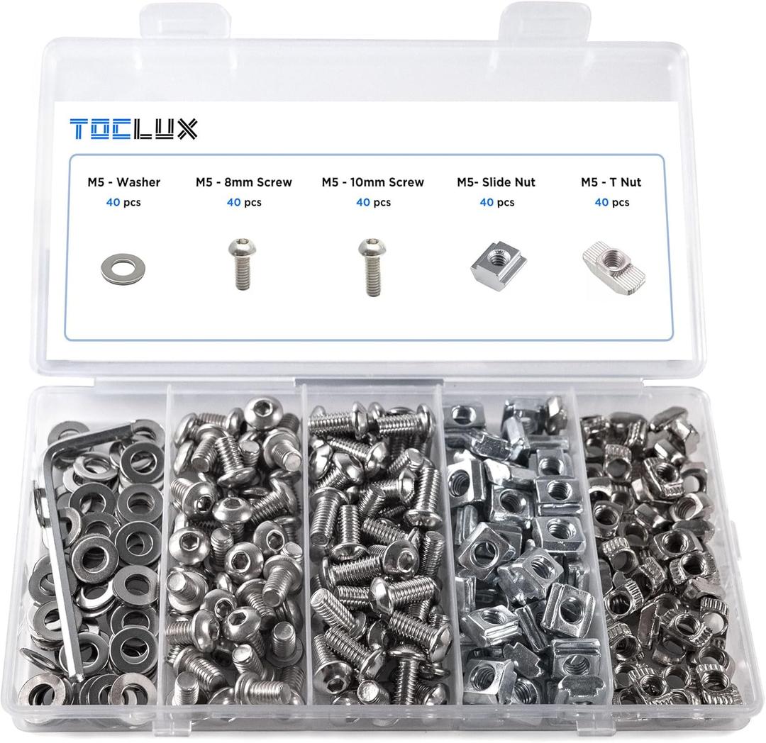 200pcs 2020 Series M5 T-Nut and Screw Kit  Sliding & Drop-in T-Nuts, M5x8mm & M5x10mm Screws, Washers, Ball-End Hex Wrench  for 6mm T-Slot Aluminum Extrusion Accessories Extruded Aluminum Hardware