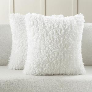 FUTEI Pack of 2 Decorative Throw Pillow Covers 18x18 Inch,Soft Fluffy Faux Wool Fur Boucle Textured Cushion Case,Modern Home Decor for Couch Bed Living Room Office,Cream White
