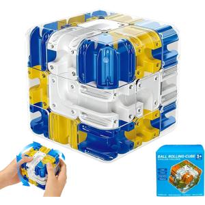 3D Rolling Ball Maze Cube, Marble Labyrinth Cube, 3D Labyrinth Puzzle Cube, Spatial Awareness Brain Training Educational Focus Game Gift for Adults Teens Kids (Yellow & Blue)