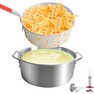 SafBbcue 10QT Pot Deep Fryer with Basket for Home Use, Aluminum Fish Fry Pot with Basket, Deep Fryer Deep Fry Pan with Easy Grip Handle, Stovetop Fryer with Basket for French Fries, Chicken Wings (Small, Silver)