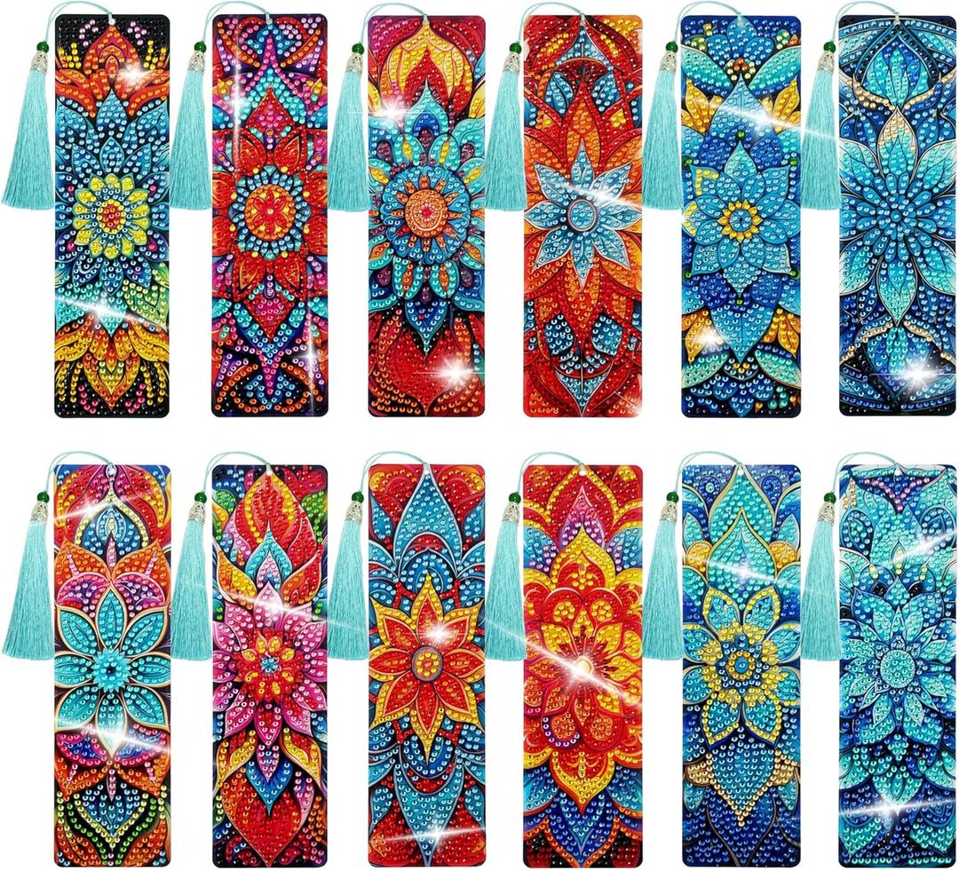 12 Pcs DIY Mandala Diamond Art Bookmarks for Adults Women Beginners Acrylic Dotz Kit 5d Floral Rhinestone Diamond Painting Bookmarks Diamond Art Book Marks with Tassels Crafts Supply