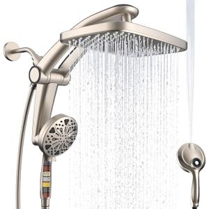 Rain Shower Head with filtered Handheld High Pressure rainfall Shower Heads with Handheld Spray Combo Adjustable one-piece stand daul shower head Built-in Magnetic Docking and Power Jets-brush nickel