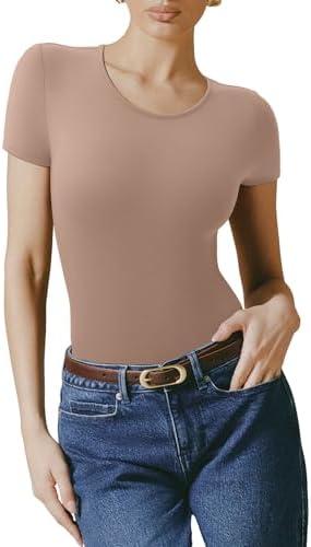 REORIA Women's Short Sleeve Round Neck Body Suits Fashion T-shirt Tops Bodysuits for women, Small