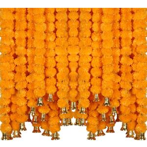 Marubhumi 5-PC Artificial Marigold Flower Garland 4.5 Feet Long Strands with Bells | Mango Color | Diwali, Wedding, Home, and Christmas Décor