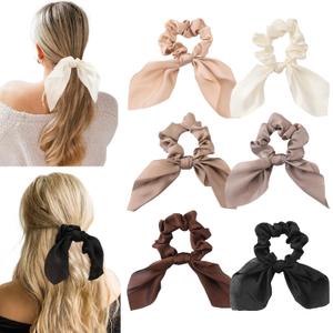 6 PCS Small Silk Scrunchies, Hair Ties with Knotted Bows, Satin Hair Ribbons Elastic Hair Ties for Women Girls, Valentine's Day Gifts (Brown)