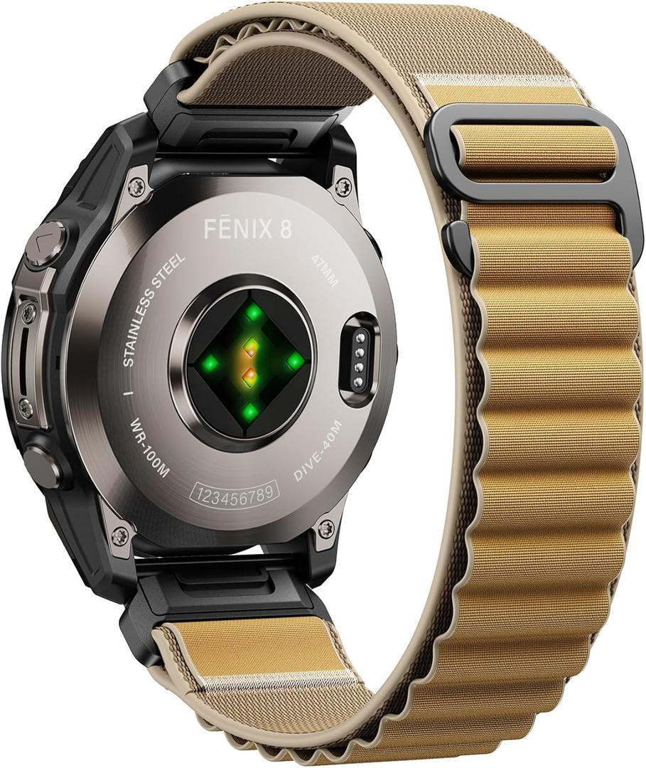 Alpine Loop Nylon Watch Band Compatible with Garmin Fenix 5/6/7/8 47mm, Quickfit 22mm Rugged Watch Bands for Garmin Epix Gen 2/Fenix 8 Pro 47mm/7 Pro/6 Pro/5 Plus/Forerunner 935/S62 (Khaki)