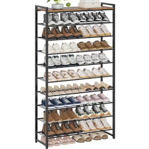 10 Tier Shoe Rack Organizer for 40-50 Pairs, Tall Metal Shoe Storage Shelf with Wood Top, Adjustable Boot Space, Narrow Design for Entryway Closet,Rustic Brown and Black