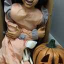 Haunted Hill Farm Lunging Pumpkin Carver Zombie Girl by Tekky, Motion-Activated Talking Scare Prop Animatronic for Indoor or Covered Outdoor Creepy Halloween Decoration, Plug-in or Battery Operated