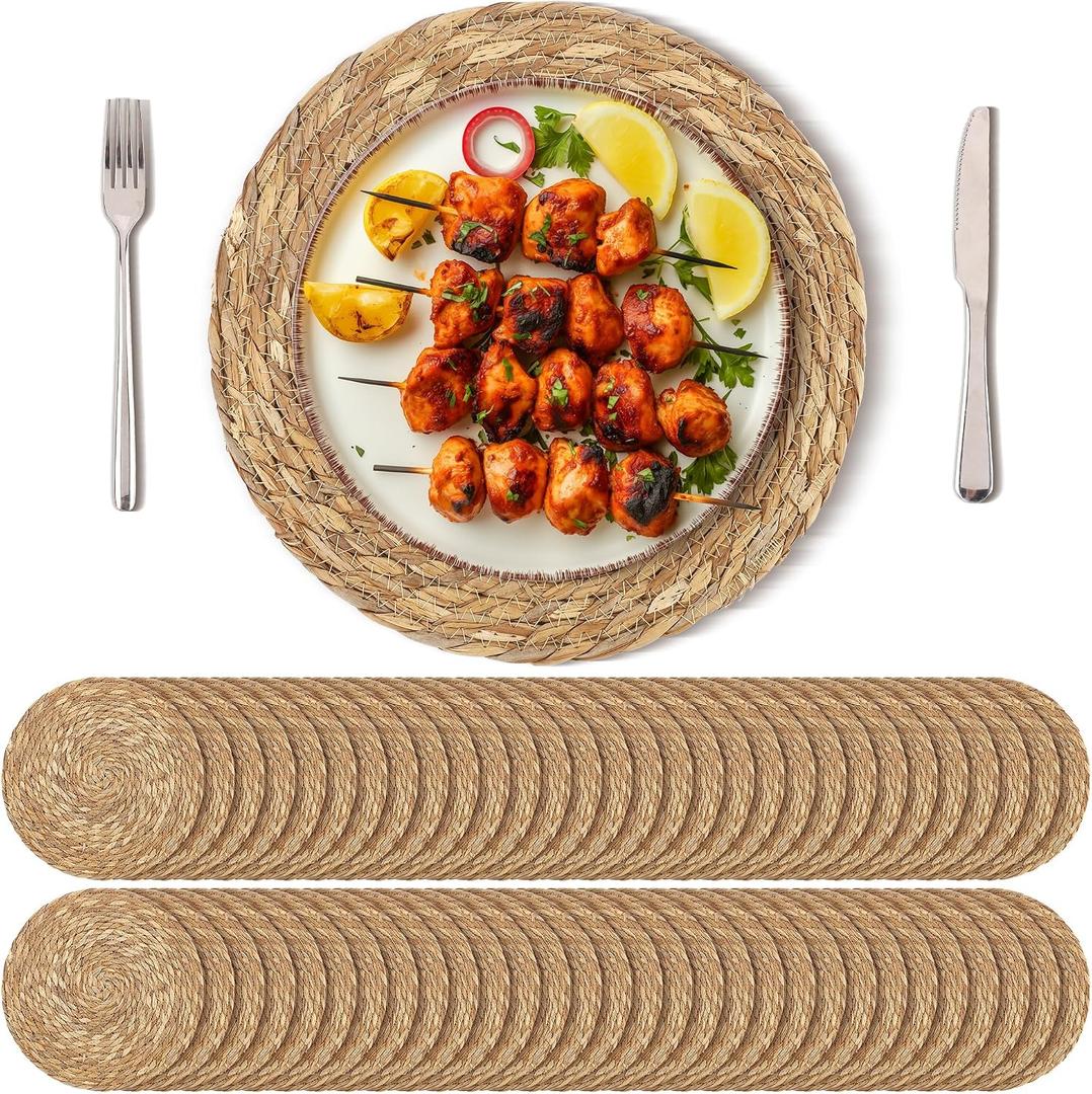 Kochorie Set of 60 Round Woven Placemats 12 Inches Bulrush Placemats Natural Hand-Woven Boho Rattan Placemat Wicker Table Mats Farmhouse Weave Place Mats for Home Dining