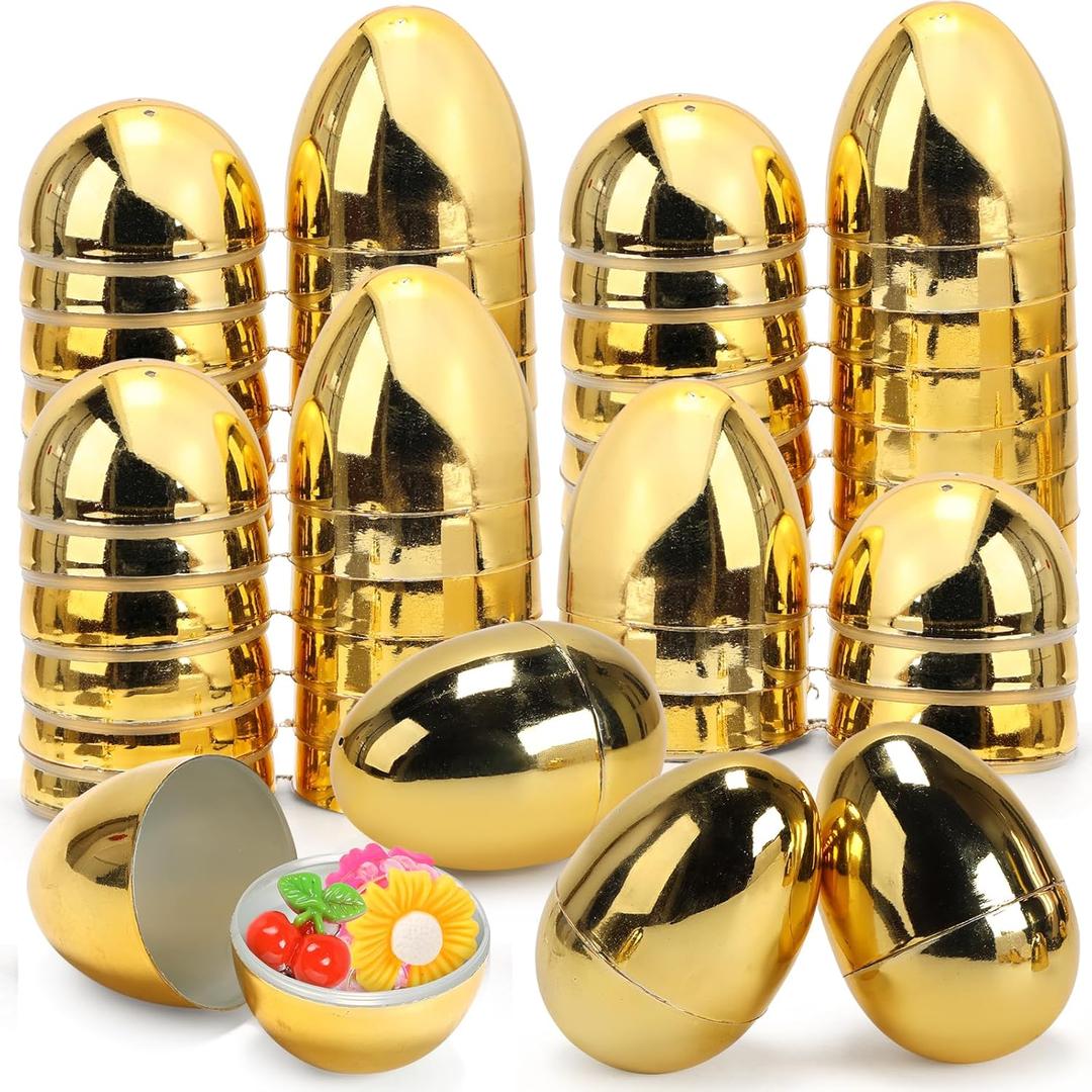 Skirfy Fillable Easter Eggs 3.15" Inch (12 Pack) with Hinge Bulk Golden Bright Plastic Easter Eggs, Perfect for Easter Egg Hunt,Birthday Party Favor