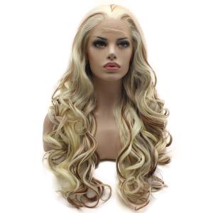 Lushy Hair Lace Front Synthetic Wavy Long 26inch White Blonde Auburn Mix Heat Resistant Heavy Density Realistic Wig
