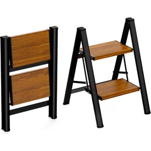 HBTower Step Ladder,Lightweight Aluminum Folding Step Stool with Anti-Slip Wide Pedal,330lbs Capacity Step Ladder for Household,Kitchen,Office - BlackWoodgrain