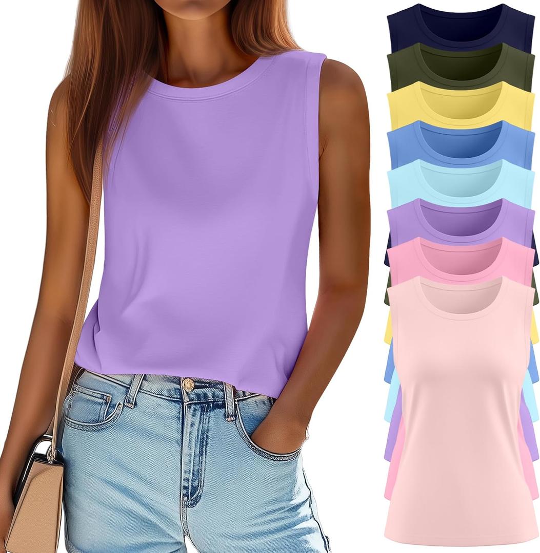 Ficerd 8 Pack Womens Sleeveless Tops, Crew Neck Loose Fit Tank Tops Basic Summer Trendy Shirts Casual Fashion T Shirts (S)