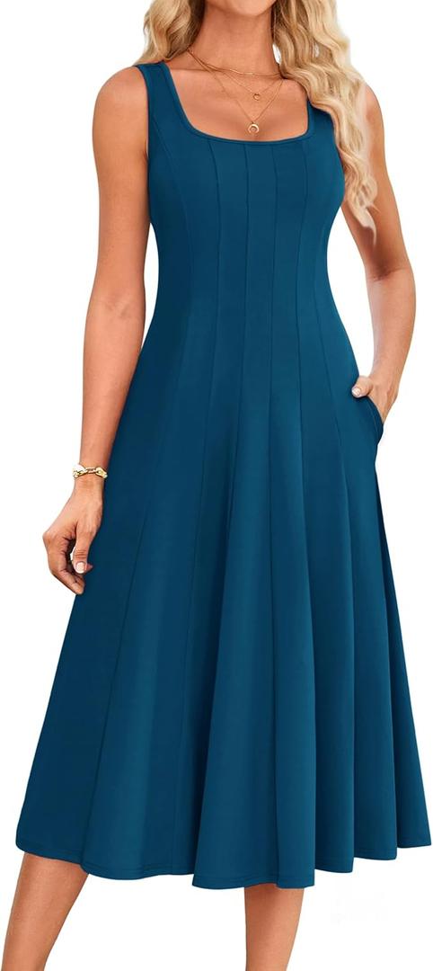GRACE KARIN Womens 2025 Trendy Casual Tank Dresses Square Neck Sleeveless A Line Midi Sundress with Pockets, Small