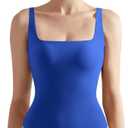 SUUKSESS Women Sexy Square Neck Thong Bodysuit Backless Sleeveless Tank Tops (Small, Sapphire)