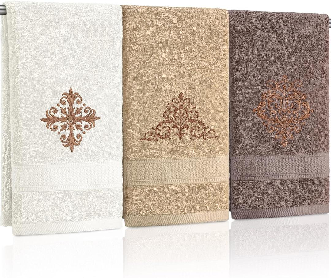 3 Pcs Vintage Brown Hand Towels Fancy Decorative Bathroom Towels 13.3 x 29.5'' Luxury Damascus Embroidered 100% Cotton Soft Absorbent for Bathroom Kitchen Boho Decor (Cute Color)