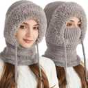 3-in-1 Women's Winter Beanie Hat Set - Fleece-Lined Knit Beanie, Scarf & Mask Combo for Ultimate Warmth & Style - Perfect for Snowy Days Grey