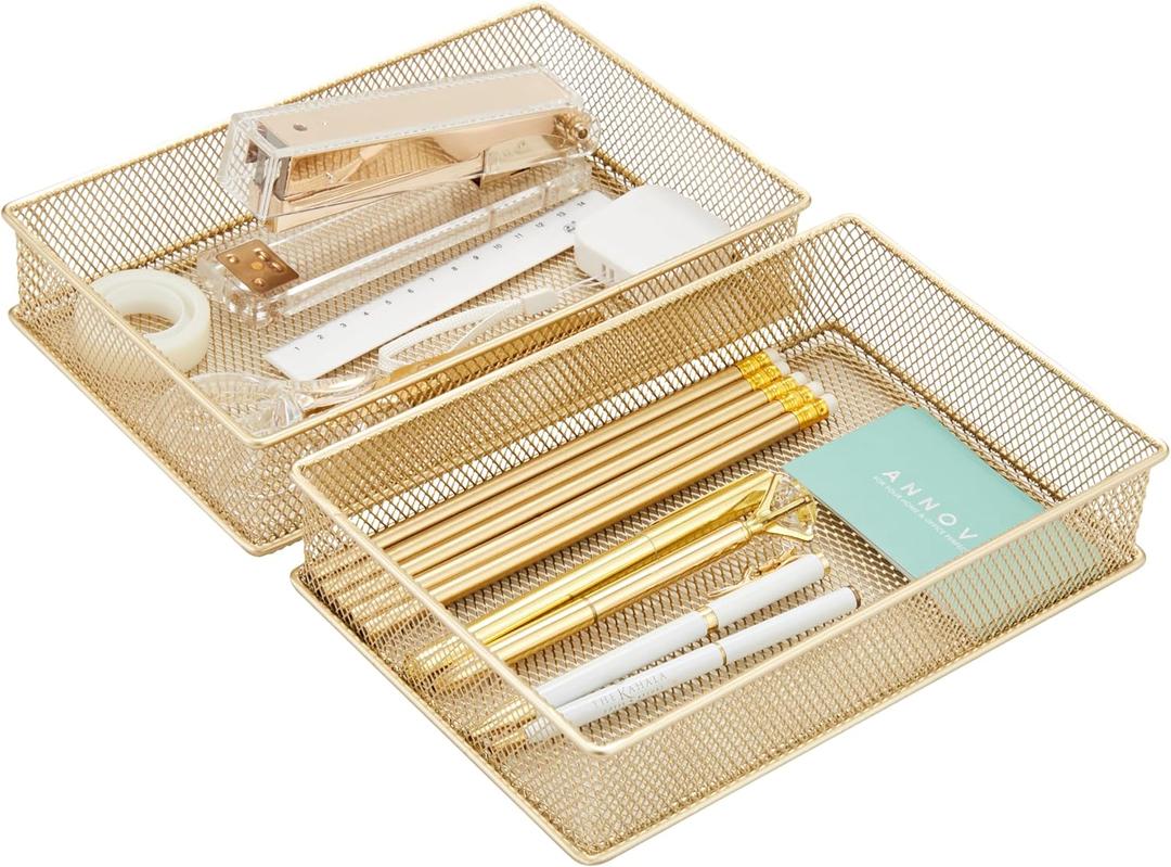 Annova Mesh Stackable Drawer Cabinet and Shelf Organizer Bins Storage Basket School Office Supply Holder Tray- Set of 2 (Gold, 6x9x2 Inch)
