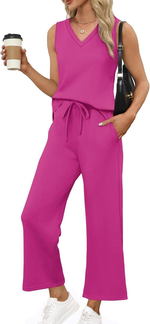 XIEERDUO Two Piece Sets for Women Summer Vacation Travel Outfits V Neck Lounge Matching Sets (Medium, Hot Pink)