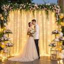 Champagne Tulle Backdrop Curtain with Lights String for Parites Wedding 5x8ft Champagne Sheer Backdrop Curtains for Bridal Shower Baby Shower Birthday Party Photo Booth Background Decorations