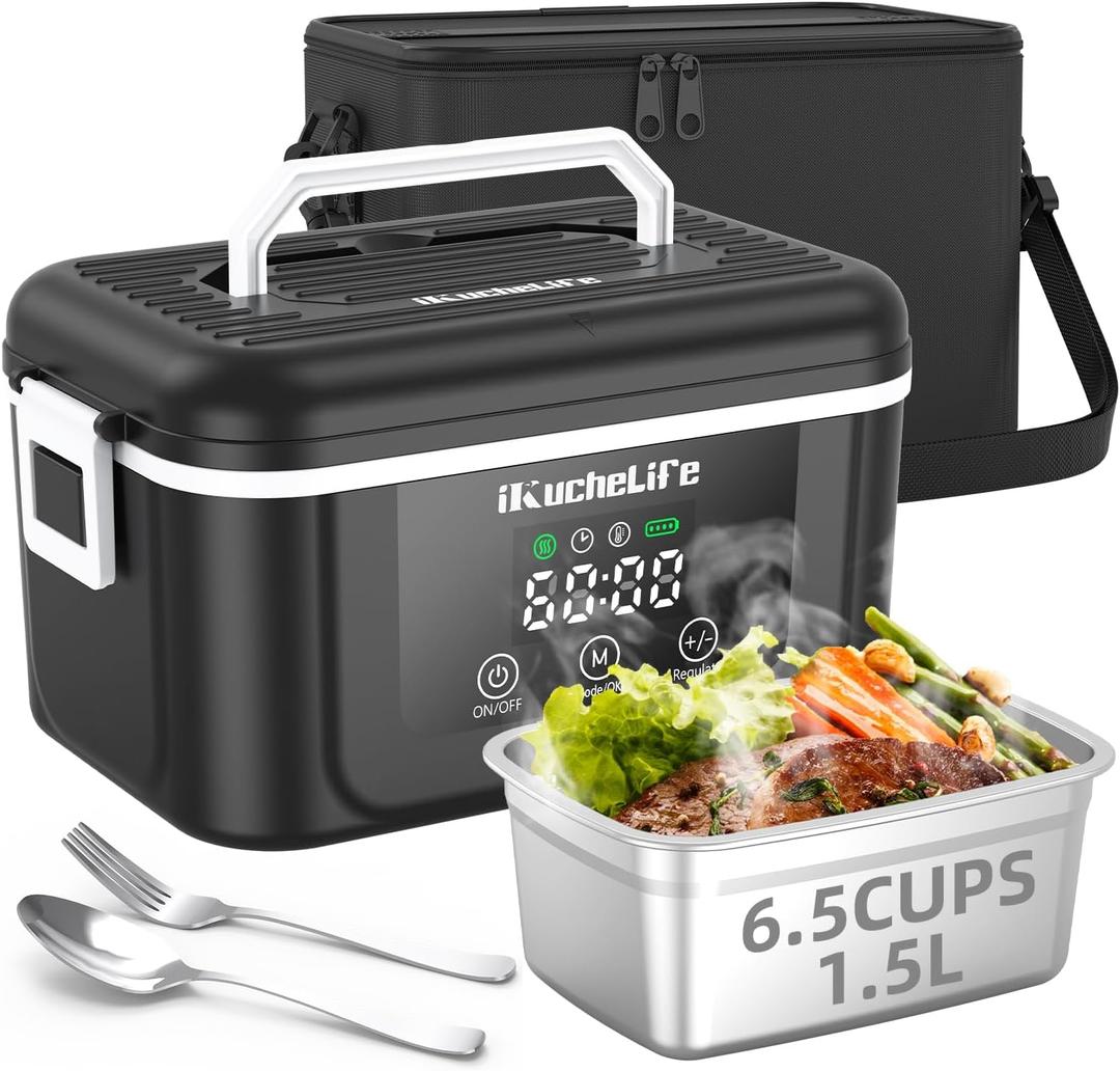 ikuchelife Heated Lunch Box, 6.5-Cup&18000mAh Cordless Electric Lunch Box with Scheduled Heating, 1.5L Rechargeable Portable Food Warmer with Digital Display for Work, Travel, Office, CampingBlack