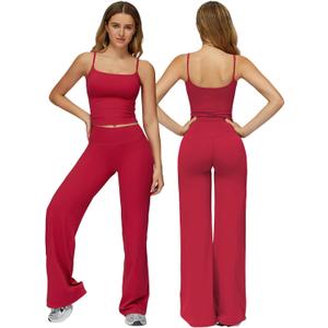 QBGJTD Women's Workout Sets Two Piece Spaghetti Straps Crop Top Matching Straight Leg Pants Gym Work Pilates Outfits (Large, Red)