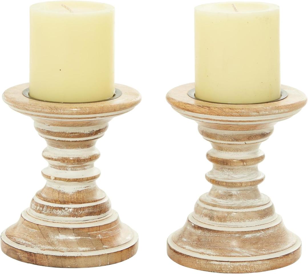 Deco 79 Mango Wood Solid Candle Holder, Set of 2 6"H, 5"W, Brown