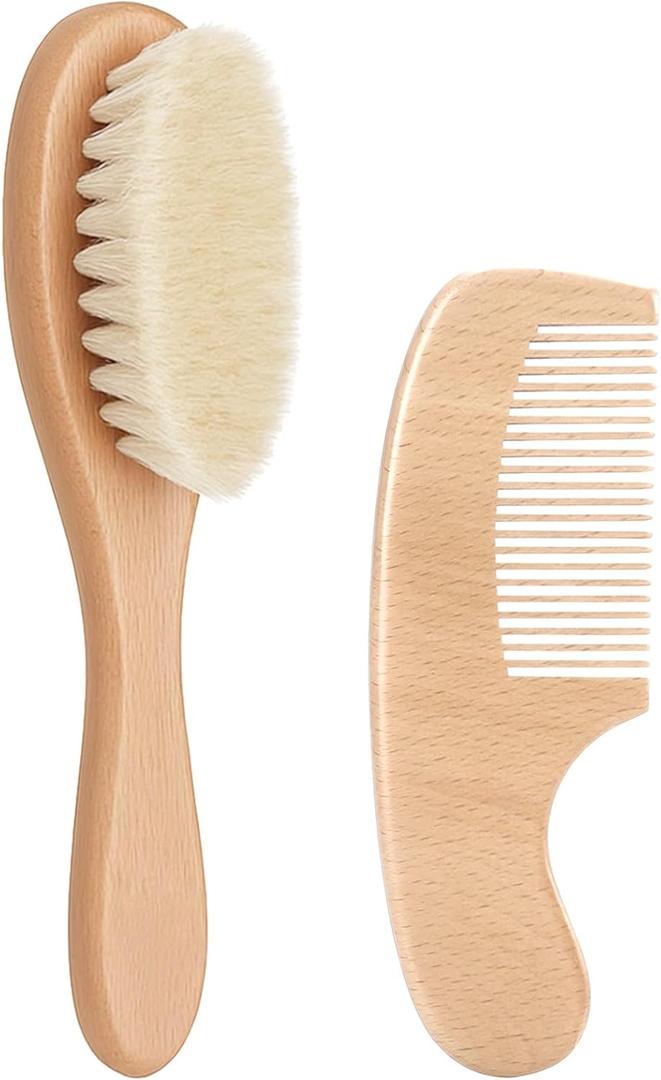 Baby Hair Brush and Comb Set, Wooden Soft Goat Bristles Baby Brush for Newborns & Toddlers, Grooming Kit for Cradle Cap, Newborn Showers & Registries Gift