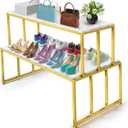 Metal Shoe Handbag Display Stand, 2 Tier Heavy Duty Display Table, Modern Standing Display Riser Shelf for Retail Stores, Iron and Wood, Gold