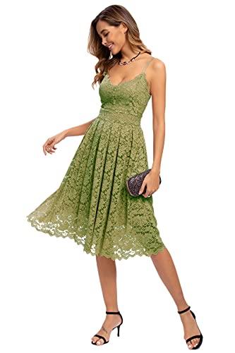 Riatobe Womens Lace Floral Overlay V Neck Sexy Sleeveless Cocktail Party Swing Wedding Dresses Army Green Size L