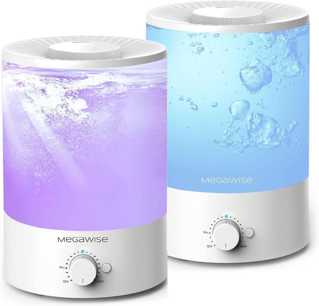 MEGAWISE 2 pack 3.5L Ultrasonic Cool Mist Humidifier Top-Fill, Essential Oil Diffuser, Quiet Operation, Night Light, Auto Shut-Off for Home & Office (2)