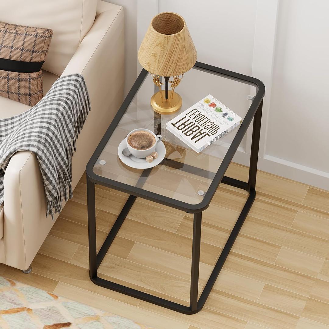 Garden 4 you Glass Side Table, Rectangle End Table with Metal Frame, Modern Bedside Table for Office, Bedroom, Living Room, Study, Small Spaces,Easy Assembly,23.6x15.7x20.8 Inches,Black
