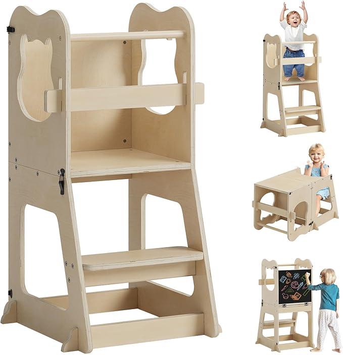 Smart Fendee Toddler Tower, 3 in 1 Kids Step Stool with Chalkboard and Safety Rail, Learning Standing Tower for Toddlers, Kids Kitchen Step Stool for Bathroom