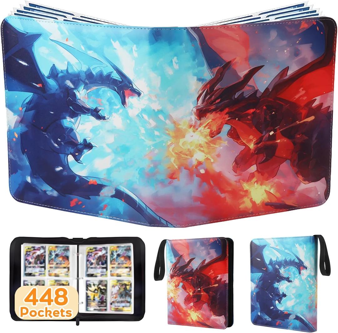 LZSIG 4-Pocket Card Binder, 448 Cards Holder with 56 Removable Sleeves, Red+Blue, Cool and Cute, Trading Card Collector Album, Gift for Boys and Girls