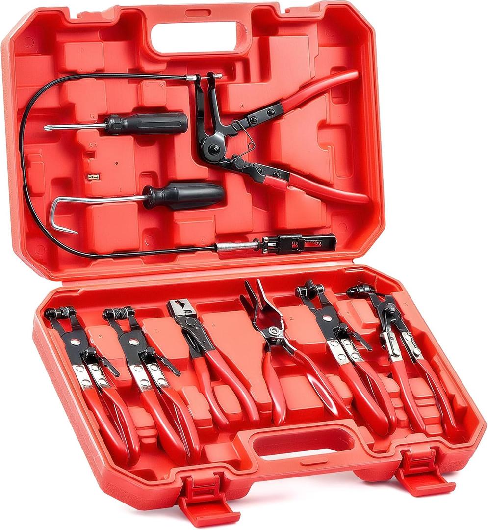 Orion Motor Tech Hose Clamp Pliers, Long Reach Wire Spring Hose Clamp Pliers Remover for Automotive Coolant Radiator Heater and Water Hose with Band Flat or Large Clamps (Red)