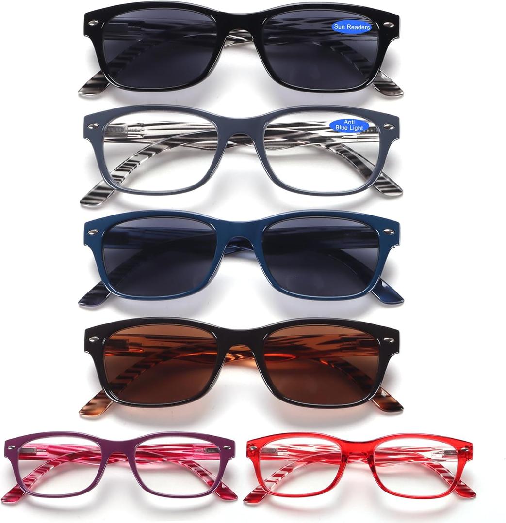 BLOEXCLU 6 Pack Reading Glasses for Women Men Blue Light Blocking Spring Hinge Computer Readers, Anti Eyestrain/Glare