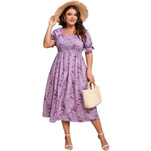 KOJOOIN Womens Puff Sleeve Summer Floral Dress Plus Size Smocked Ruffle Square Neck Casual Dress Cute Midi Dress (3X-Large, Purple Flower)