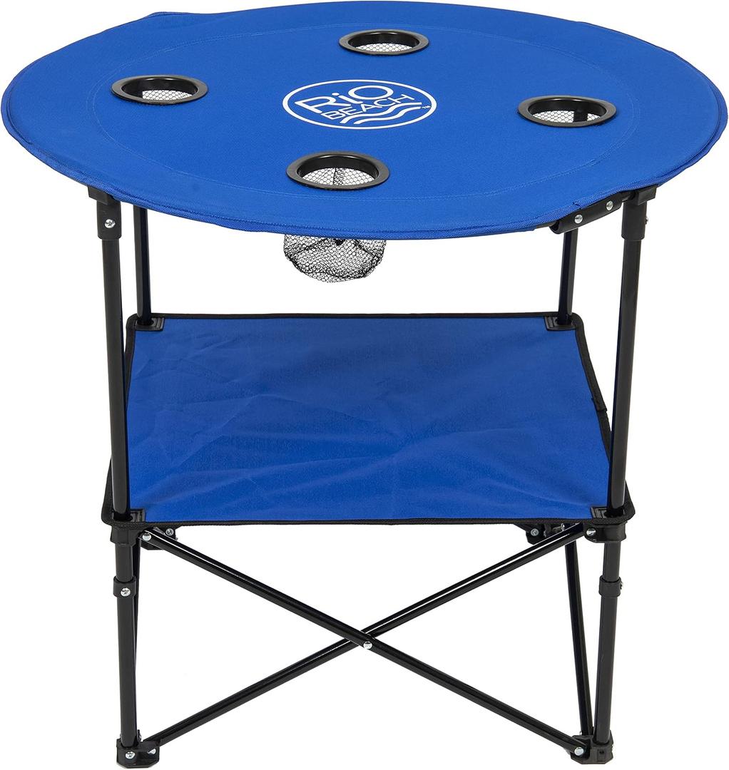 Rio Brands 28" Round Lightweight Fabric Portable Folding Beach Table with Cupholders, Blue