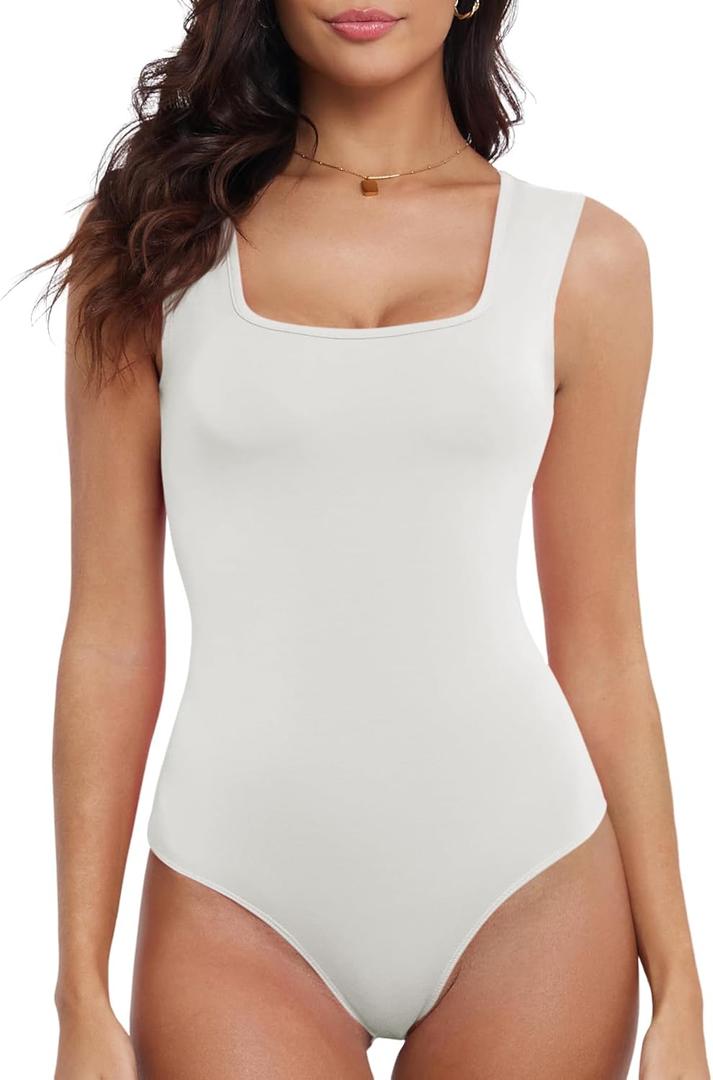 Women's Cute Square Neck Sleeveless Tank Tops Bodysuit Workout Top (Small, White)