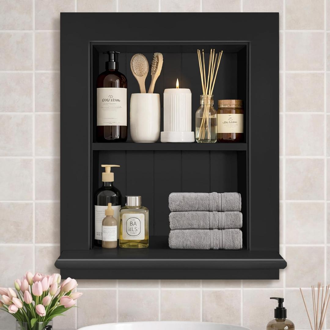 Royxen Bathroom Wall Cabinet with 2-Tier Shelves,Wooden Recessed Medicine Cabinet Over Toilet Storage Cabinet,Bathroom Cabinet Wall Mount for Home Storage, 14 x 18 Inch, Black
