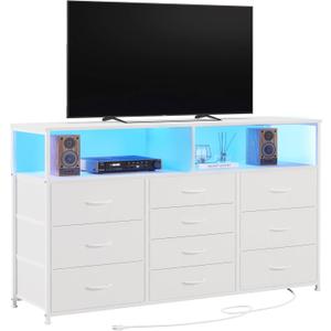 Unionly 55W 10-Drawers Dresser with 2 Open Storage Shelves, TV Stand Dresser for 55,65 inch TVwith Power Outlets and LED Lights, Fabric Dressers Drawers for Bedroom, Living Room (White), 11.8"D x 55.1"W x 35.4"H