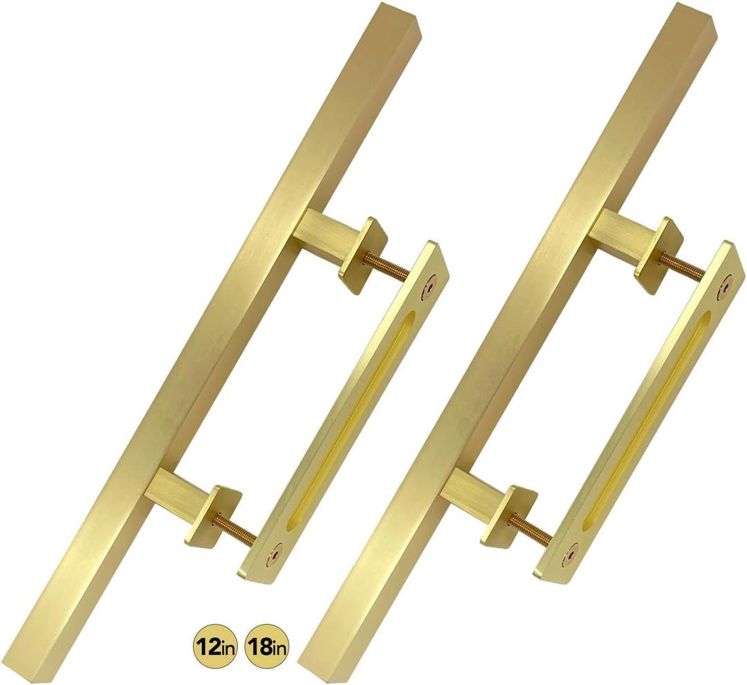 Rio Salto 18-Inch Brushed Brass Gold Barn Door Handle Kit, Closet Door Handle Stainless Steel, Pull Handle and Flush Handle Set, Heavy Duty Large Sliding Door Handles Hardware Included (2-Pack, 18")