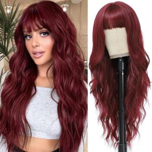 Burgundy Wig with Bangs for Women Long Burgundy Wavy Wigs 26 Inch Dark Red Wigs Natural Looking Heat Resistant Synthetic Wig for Daily Party Use