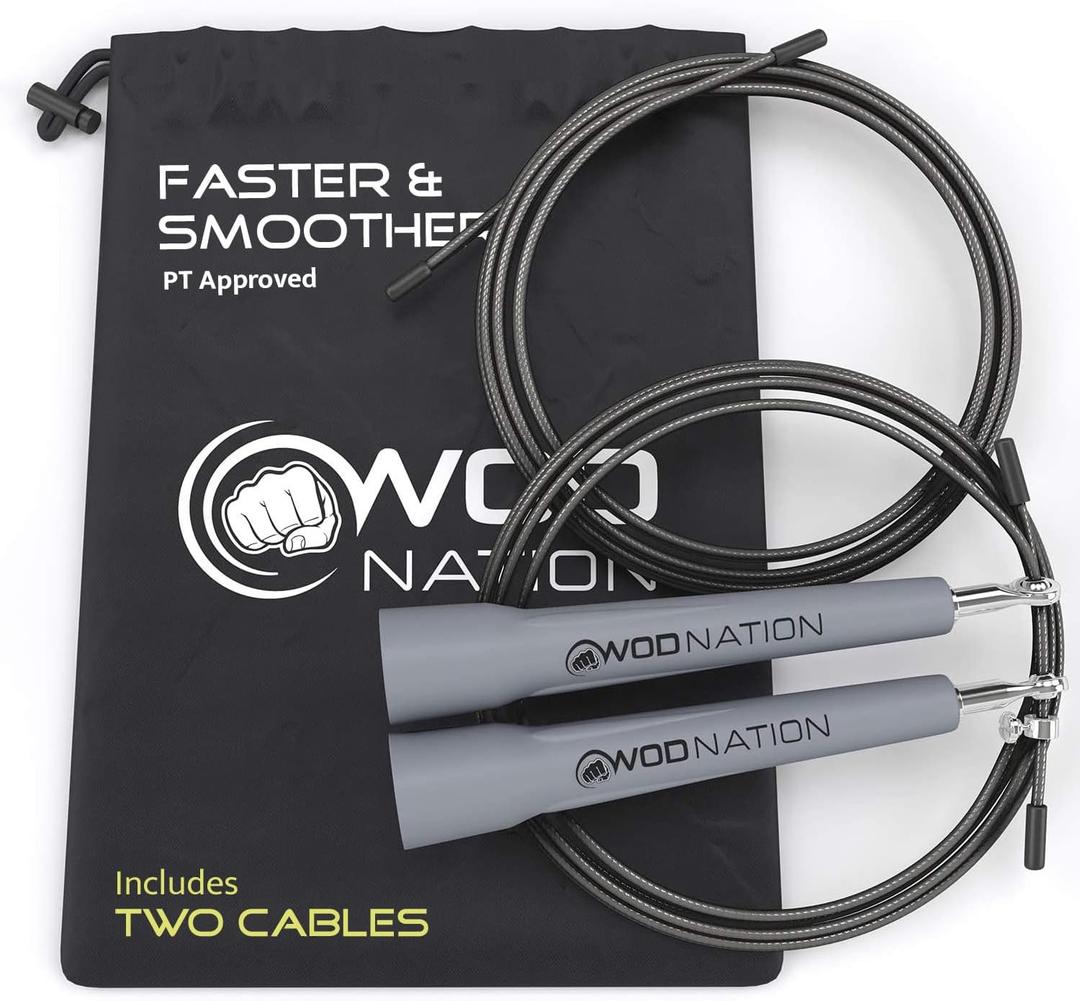 WOD Nation Adjustable Speed Jump Rope For Men, Women & Children - Blazing Fast Fitness Skipping Rope Perfect for Boxing, MMA, Endurance (Grey)